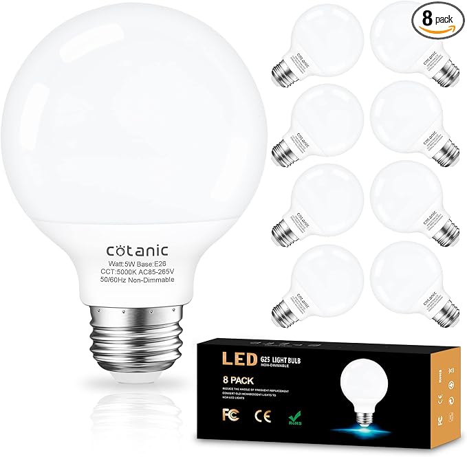 Cotanic 5000K Daylight Globe Light Bulbs, E26 Standard Base, 5W(60 Watt Equivalent Incandescent Replacement), 500LM, Non-Dimmable, 8-Pack, Bathroom G25 LED Vanity Light Bulb
