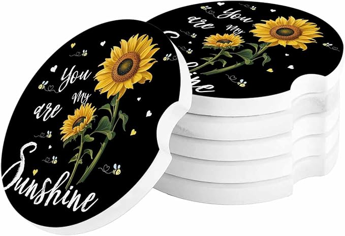 Sunflower Coasters - Absorbent 2.65" Ceramic Stone Car Cup Holders, 2 Pack Auto Coasters