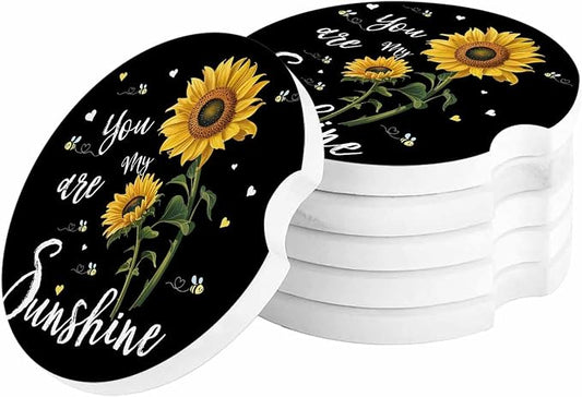 Small Car Coasters for Cup Holders 2.65" Absorbent 6 Pack Car Coaster Ceramic Stone for Drinks Absorb Water Drops You are My Sunshine Sunflower and Bee on Black