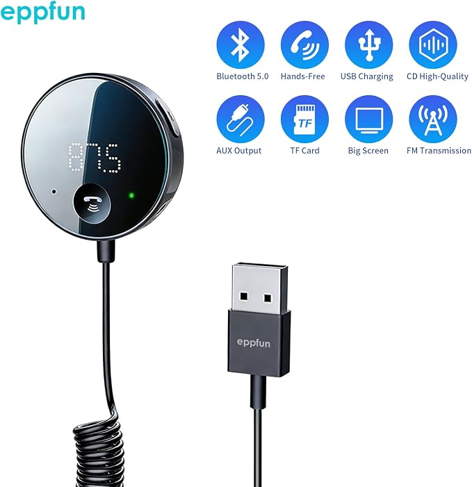 eppfun Bluetooth FM Transmitter for Car, AUX Adapter, Bluetooth Receiver for Car Music/Hands-Free Calls/Stereo Audio