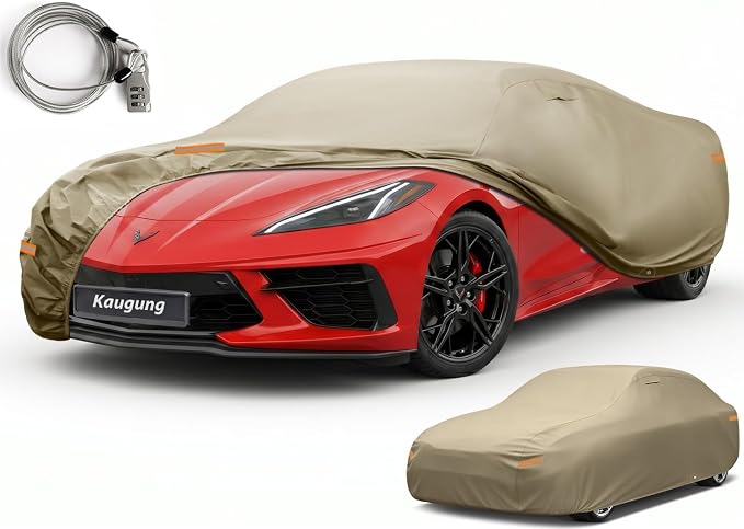 Kaugung Custom Fit Car Cover for Chevrolet Chevy Corvette C3 C4 C5 C6 C7 C8 (1968-2026), Heavy Duty All Weather Waterproof Outdoor Cover with Driver Door Zipper, Mirror Pockets & Air Vents