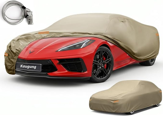 Kaugung Custom Fit Car Cover for Chevrolet Chevy Corvette C3 C4 C5 C6 C7 C8 (1968-2026), Heavy Duty All Weather Waterproof Outdoor Cover with Driver Door Zipper, Mirror Pockets & Air Vents
