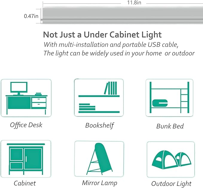 ASOKO 12 Inch Under Counter LED Lights Dimmable 5000K Plug in Light | ASOKO 12" Under Cabinet LED Light Strip, Dimmable 5000K Plug in Counter Light for Kitchen Desk Shelf