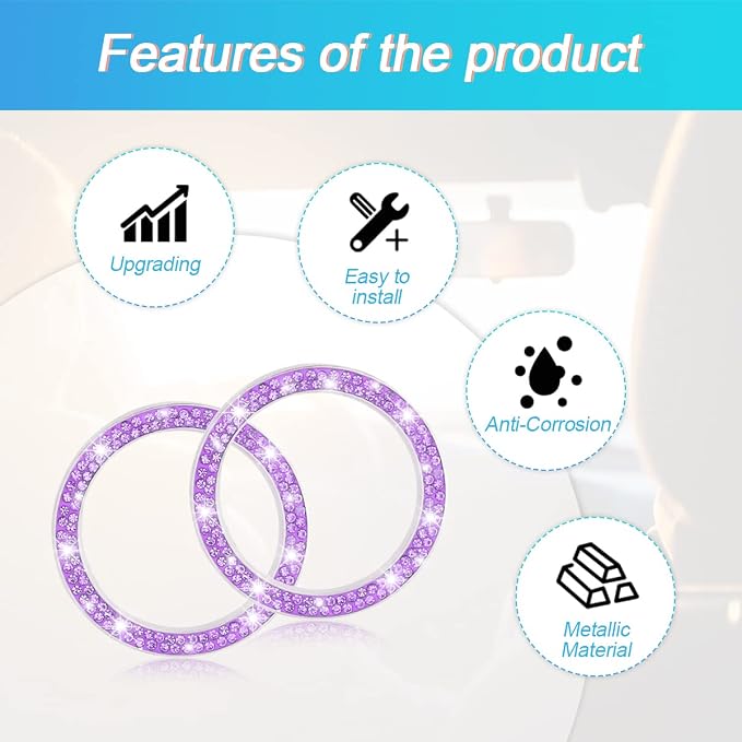 Car Bling Crystal Rhinestone Engine Start Ring Decals, 2 Pack Car Push Start Button Cover/Sticker, Key Ignition Knob Bling Ring, Sparkling Car Interior Accessories for Women (Purple)