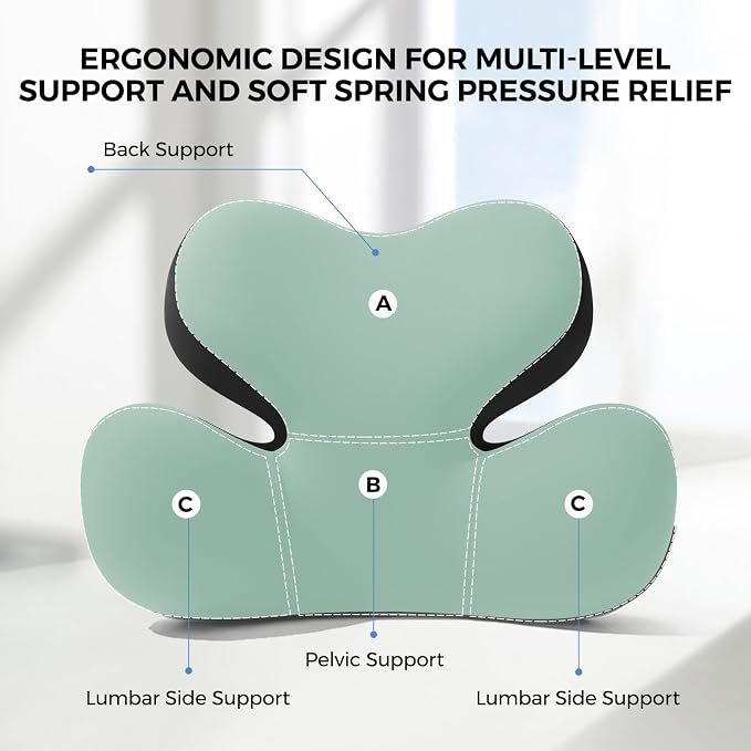 BEBAS Ergonomic Memory Foam Lumbar Support Pillow for Car, Green | Zoned Pressure Relief for Back Support, Lumbar Cushion with Fixed Ring, Breathable Washable Cover, Fits for Driving & Office