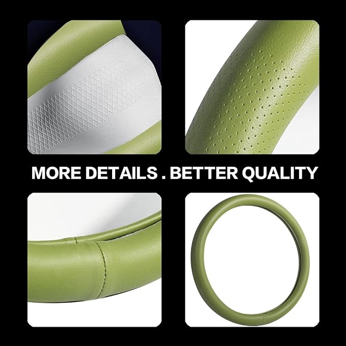 Car Steering Wheel Cover,Universal 15 Inch Premium Leather Car Steering Wheel Cover,Best Grip,Perforated Design,Breathable,Non-Slip,Sweat-Absorbent,Warm in Winter and Cool in Summer (Green)