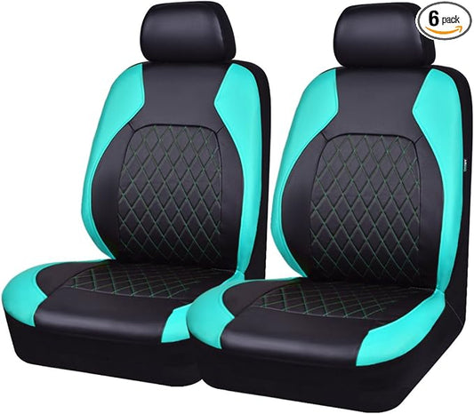 Universal Deluxe Pu Luxury Vinyl Faux Leather Car Seat Covers Two Front 6 Pieces Airbag Compatible Fit for Cars SUV Vehicles (Black and Mint)