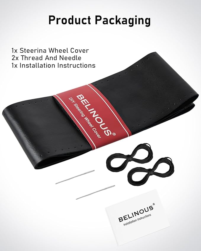 BELINOUS Leather Steering Wheel Cover Lace Up, Stitch on Steering Wheel Wrap, Universal Fit 13-20 Inch Car Truck Pickup Boat, A Whole Piece of Cowhide, DIY w/Needle Thread (Size XS1, Black)