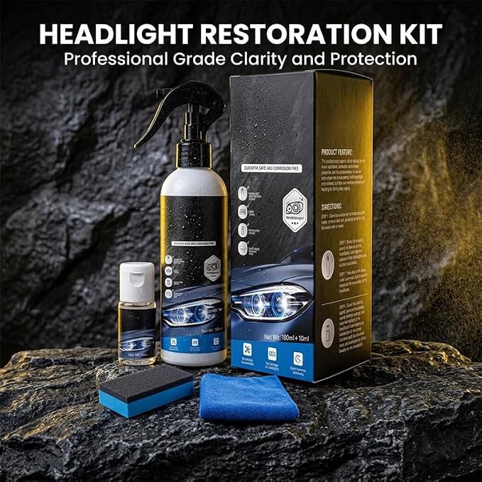 Headlight Restoration Kit, Car Headlight Cleaner and Restorer Kit, No Power Tools Required, Headlight Restoration Spray for Yellowing, Oxidation, Foggy Plastic Lenses (2)