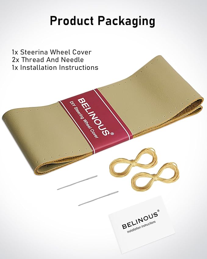 BELINOUS Leather Steering Wheel Cover Lace Up, Stitch on Steering Wheel Wrap, Universal Fit 13-20 Inch Car Truck Pickup Boat, A Whole Piece of Cowhide, DIY w/Needle Thread (Size L2, Beige)