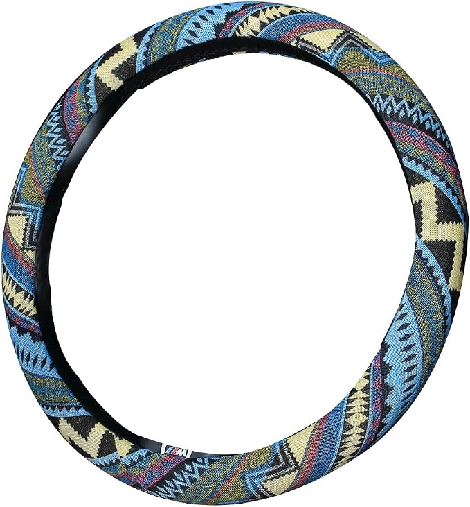 Ethnic Style Coarse Flax Cloth Automotive Steering Wheel Cover Anti Slip and Sweat Absorption Auto Car Wrap Cover (L, 14.5''-15'')