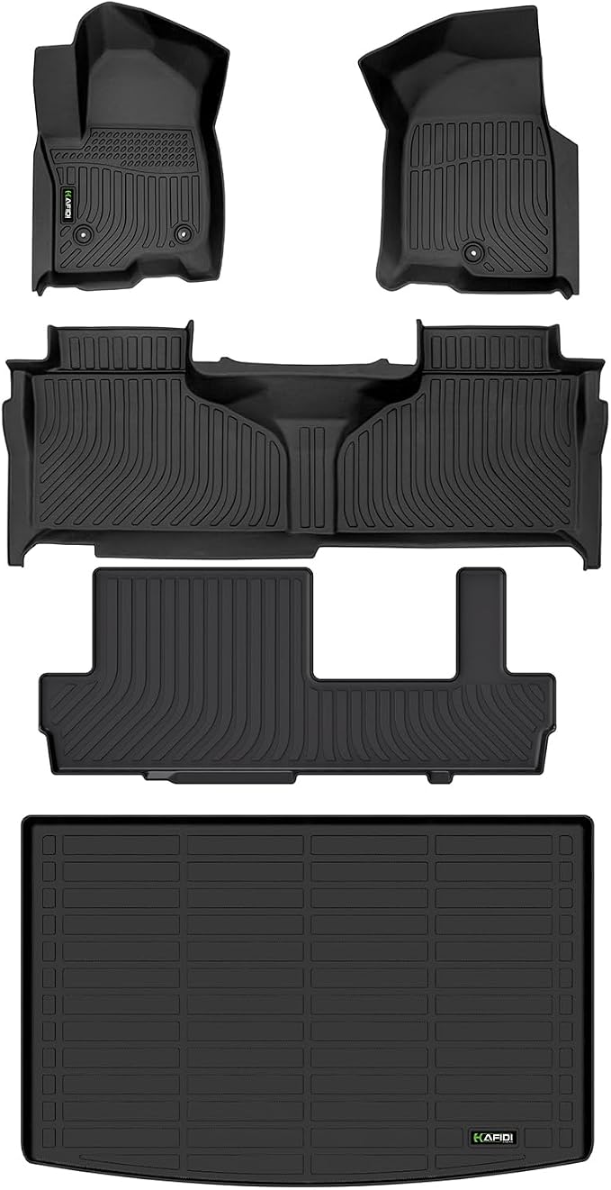 Floor Mats &Cargo Liner for 2021-2026 Chevy Suburban/Yukon XL 8-Seat | Custom Fit for Bench Seating, All Weather Protection, Non-Slip, Automotive Floor Liners, Full Set Accessories, TPE, Black