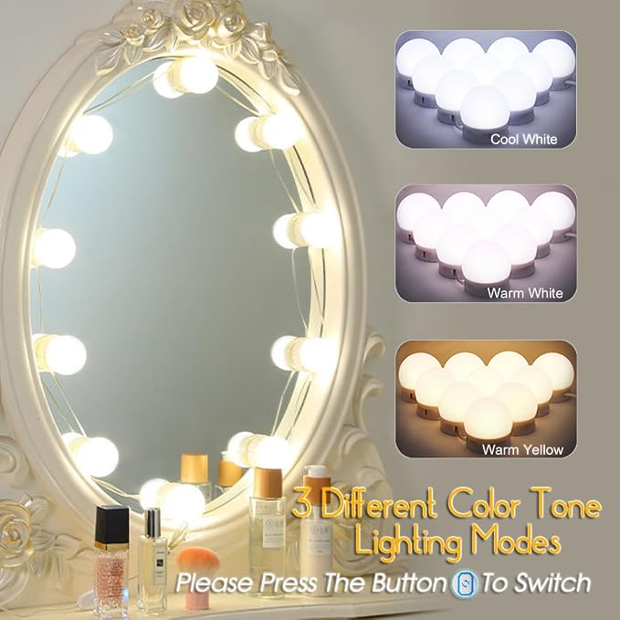 Led Vanity Mirror Lights,Vanity Lights for Makeup Dressing Mirror Lighting,10 Dimmable Bulbs,Adjustable Light Color & Brightness,USB Cable,Mirror not Included