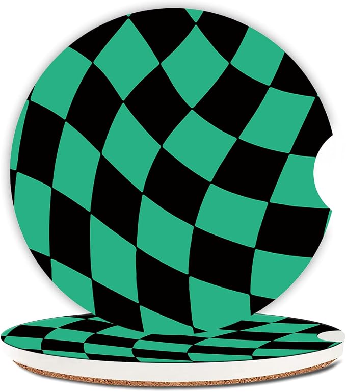 Black Green Checkerd Car Coasters for Cup Holder Absorbent Ceramic Cup Coaster 2 Pack Anti Slip Car Interior Accessories with Finger Notch Cork Base for Women Men 2.56"