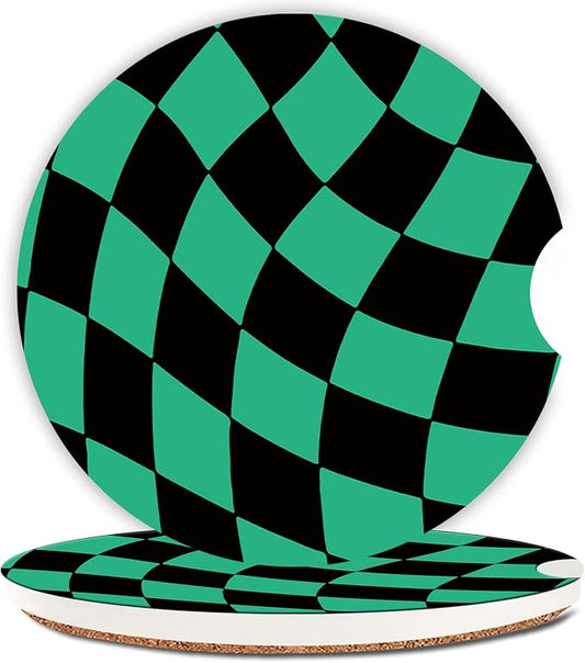 Black Green Checkerd Car Coasters for Cup Holder Absorbent Ceramic Cup Coaster 2 Pack Anti Slip Car Interior Accessories with Finger Notch Cork Base for Women Men 2.56"