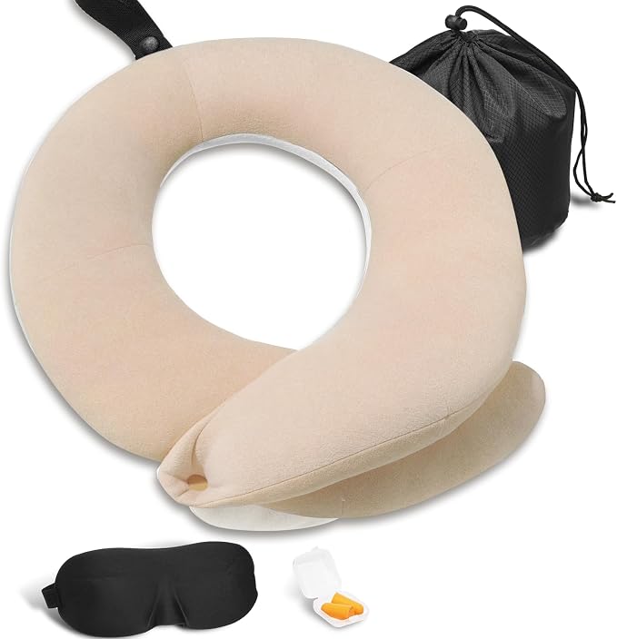 BUYUE Travel Neck Pillows for Airplanes, Memory Foam 360° Head Support Sleep for Long Flight, Skin-Friendly & Breathable, Kit with Eye Mask, Earplugs and Storage Bag (Adult, Beige, 90+ lbs)
