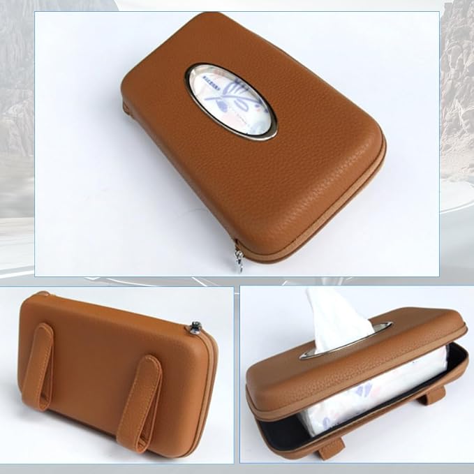 Car Sun Visor Tissue Holder, Leather Stylish Vehicle Visor Backseat Napkin Organizer Box with Zipper, Auto Interior Sunvisor Paper Towel Mask Dispenser Case, Universal for SUV Van RV (Brown)