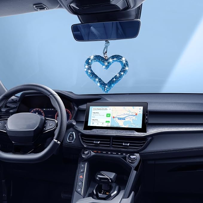 Mandark Bling Heart Car Hanging Accessories, Crystal Rhinestone Vehicle Rear View Mirror Charm Pendant Ornaments, Cute Diamond Auto Interior Hanger Decoration for Women Girls (Light Blue)