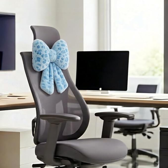 Sexysamba 2 Pcs Plush Bow Car Headrest Neck Pillow Cute Bow Pillow for Car Seat Décor Soft Neck Support for Comfortable Driving Traveling Office Fluffy Head Rest Cushion, Blue Leopard Print