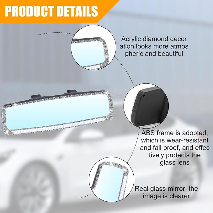 Osilly Bling Car Rearview Mirror, Decorations Rear View Mirror with Crystal Rhinestones & Diamonds, Car Interior Trim Accessories, Clip-on & HD Glass, Sparkly Gift (White)
