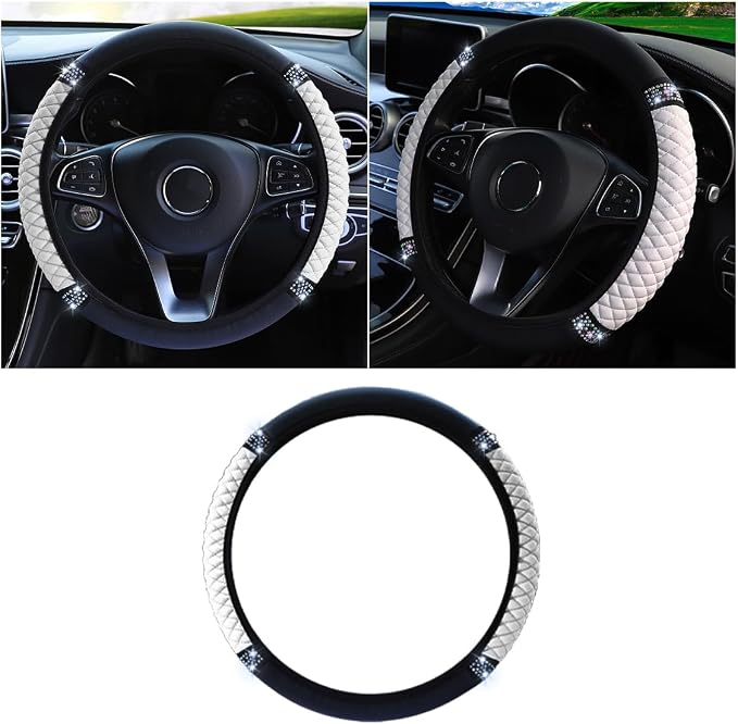 JOYCOURT 15 Inch Bling Soft Leather Car Steering Wheel Cover, White | Colorful Rhinestones Design, Auto Elastic Protector for Women Girls, Crystal Diamond Car Accessories for Most Cars, SUVs
