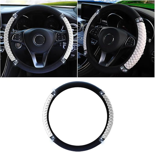 JOYCOURT 15 Inch Bling Soft Leather Car Steering Wheel Cover, White | Colorful Rhinestones Design, Auto Elastic Protector for Women Girls, Crystal Diamond Car Accessories for Most Cars, SUVs