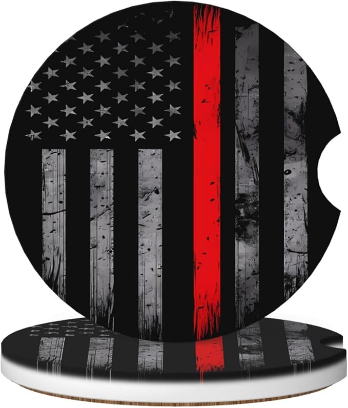 Thin Red Line American Flag Firefighter Absorbent Ceramic Car Coasters 2 Pack Insert Cupholder Coaster Car Cup Holder Mat with Finger Notch Anti-Slip Cork Base Reusable Drink Coasters 2.56 in