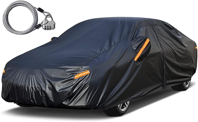 kayme Car Cover for Automobiles All Weather Waterproof with Lock and Zipper Door, Outdoor Cover Sun Uv Rain Protection, Fit Sedan (186 to 193 Inch) H3/Black