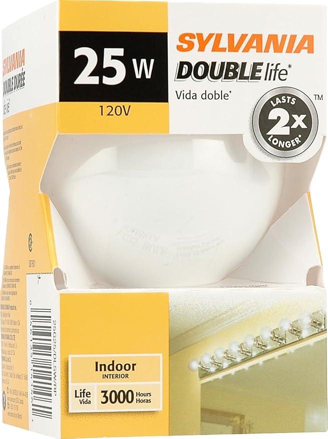 Sylvania Double Life 25 Watt Vanity Light Bulbs 1 Pack - Incandescent E26 Medium Base Globe Bulbs for Bathroom, Dimmable G25 Type G Round Vanity Bulbs 25W, 120V Soft White Warm White 3000 Hour