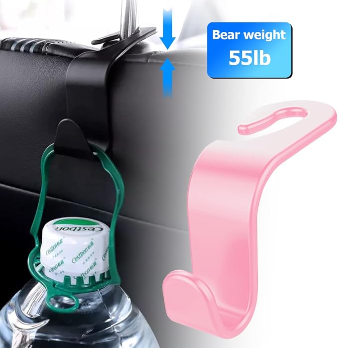 8sanlione Car Back Seat Headrest Hooks, 4PCS Vehicle Backseat Storage Organizer Hanger, Multifunctional Auto Headrest Hidden Hook Universal for Handbag Purse Backpacks Bags and Groceries (Pink)