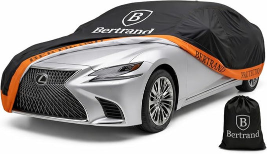 BERTRAND Heavy Duty Sedan Car Cover Waterproof All Weather - Snow, Rain & UV Outdoor Protection | Cotton-Lined, Up to 8-Point Anchoring + Door Zipper | XXL Sedans, Black-Orange (213x79, A4)