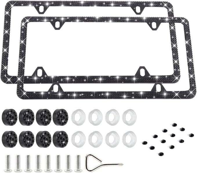 FIISFIIS Bling License Plate Frame for Women,2 Pack Premium Rhinestone Car License Plate Holder,Handmade Glitter Crystal Diamond Lincense Plate Cover for Girl,Bedazzled Sparkly Caps-4Hole Black