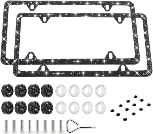 FIISFIIS Bling License Plate Frame for Women,2 Pack Premium Rhinestone Car License Plate Holder,Handmade Glitter Crystal Diamond Lincense Plate Cover for Girl,Bedazzled Sparkly Caps-4Hole Black