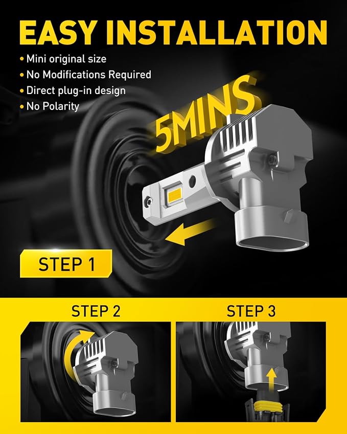 AUXITO H10 9140 9145 LED Fog Light Bulbs, 3000K Amber Yellow Light, 600% Super Brightness, Fanless Mini Size Fog Lights Replacement for Cars, Play and Plug (Pack of 2)