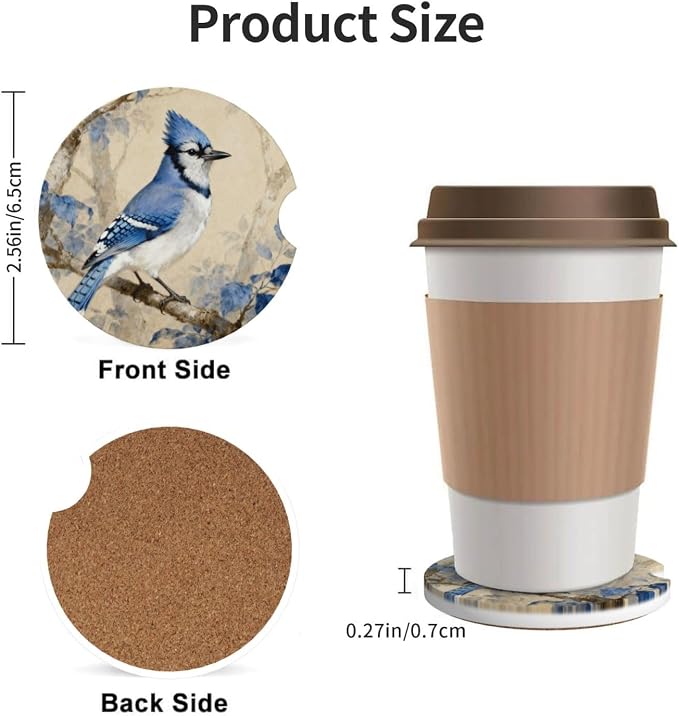 Blue Bird Tree 2 Pack Car Cup Holder Coasters Absorbent Ceramic Drink Coasters 2.56" Universal Anti Slip Cup Mat with Cork Base and Finger Notch Auto Accessories Interior for Women Men
