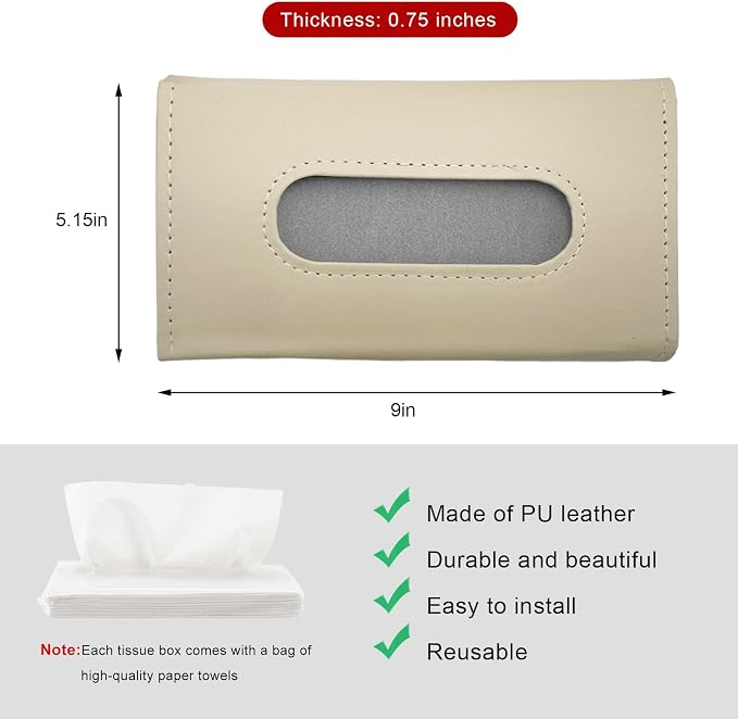 Car Visor Tissue Holder, Leather Auto Paper Towel Case Sun Visor Napkin Dispenser with 1 Pack Tissues, Rectangular Backseat Paper Towel Storage Holder for Most Vehicles (Beige)