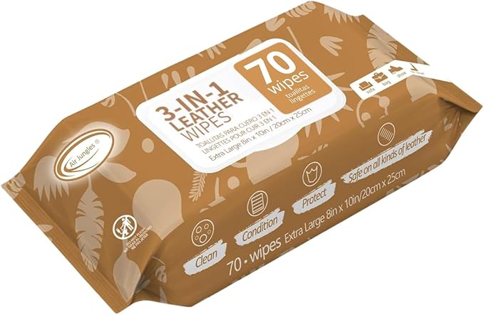 Air Jungles 3in1 Leather Cleaner Wipes 70 Count, Extra Large 8" x 10" Size | Clean Condition Protect Wipes for Vinyl and Leather Apparel Furniture Auto Car Interior Shoes Boots Bags