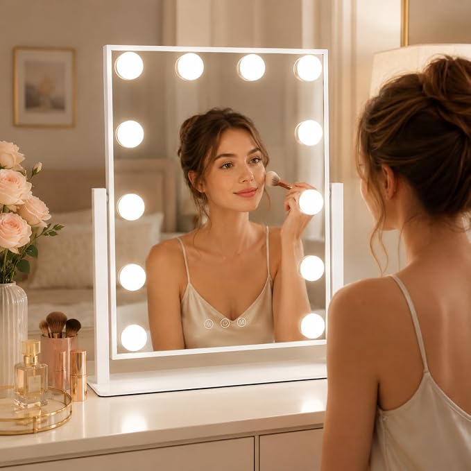 FENNIO Vertical Hollywood Vanity Mirror with Lights, 13" x 16.1" Lighted Makeup Mirror with 12 Dimmable LED Bulbs, 3 Color Lights, Touch Control, Tabletop Vanity Mirror for Makeup Desk, White