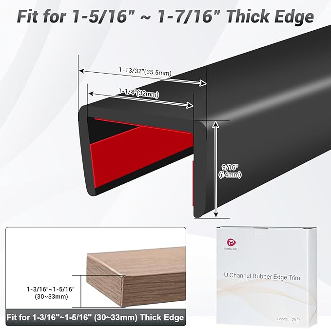 Rubber Edge Trim, 1-1/4 inch (32mm) Wide U Channel Edge Trim, Big Size U Shaped Trim, Self Adhesive Edge Banding for Plywood, Woods, Doors, Shelf, Cabinet, Countertop, Length 20Ft, Black