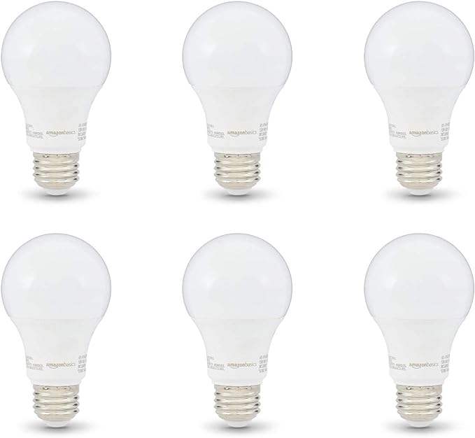 Amazon Basics Non-Dimmable LED Light Bulbs, Great Brightness, 40W Equivalent, 6W, E26 Standard Base, 2700K, 10,000 Hour Lifetime, Soft White A19, 6-Pack
