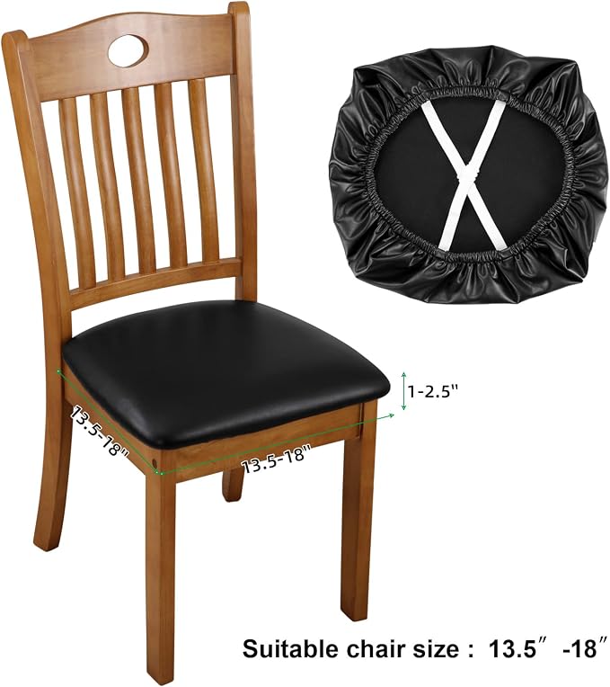 Fuloon Dining Chair Seat Covers 4 PCS, Solid Pu Leather Waterproof Seat Cushion Cover Oilproof Stretch Dining Chair Protctor Slipcover (Pu Dark Black)