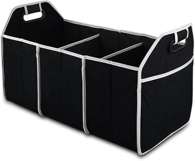 Car Trunk Organizer, Portable Foldable Waterproof Auto Storage Bag with 3 Compartments, Collapsible Cargo Trunk Groceries Organizer, Car Accessories Universal for SUV, Truck, Van, Sedan (Black2)