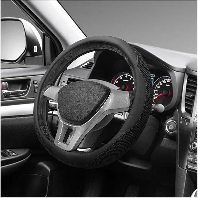 Microfiber Leather Steering Wheel Cover, Breathable Steering Wheel Protector with Anti-Slip Inner Ring, Universal 14.5"-15" Car Wheel Cover Auto Interior Decor for Men Women (Black)