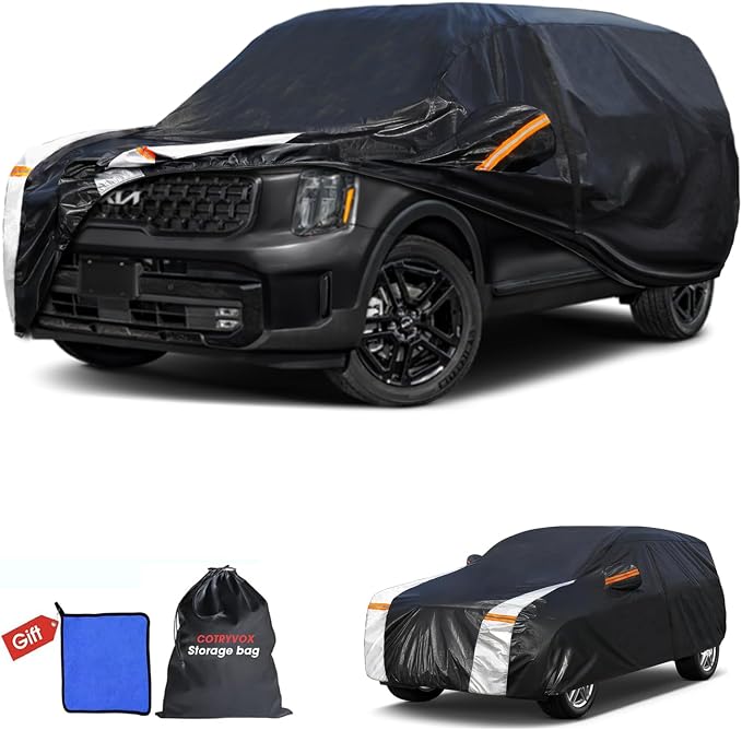 Multi-Layer Car Cover Custom Fit for Kia Telluride(2016-2026), 100% Waterproof All Weather for Automobiles, Gift with Towel, Heavy Duty Car Covers for Rain Sun UV Protection with Door Zipper