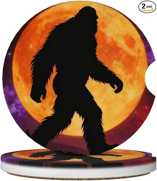 Bigfoot Moon Starry Sky Forest 2 Pack Car Cup Holder Coasters Absorbent Ceramic Drink Coasters 2.56" Anti Slip Cup Mat with Cork Base and Finger Notch Auto Accessories Interior for Women Men