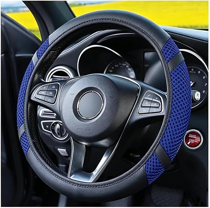 Car Steering Wheel Cover, Elastic Stretch Breathable Leather Vehicle Steering Wheel Protector, Automotive Interior Protective Accessories, Universal for SUV RV Truck (Blue)