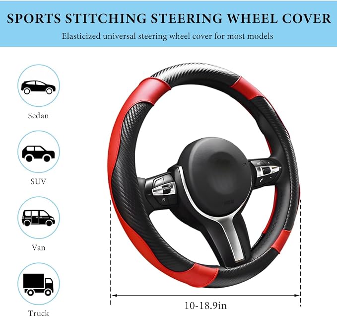 Car Steering Wheel Cover, 15 Inch Anti-Slip Stretch Leather Steering Wheel Protector, Comfortable Breathable Sporty Steering Wheel Cover for Women Men, Car Accessories (Black & Red)