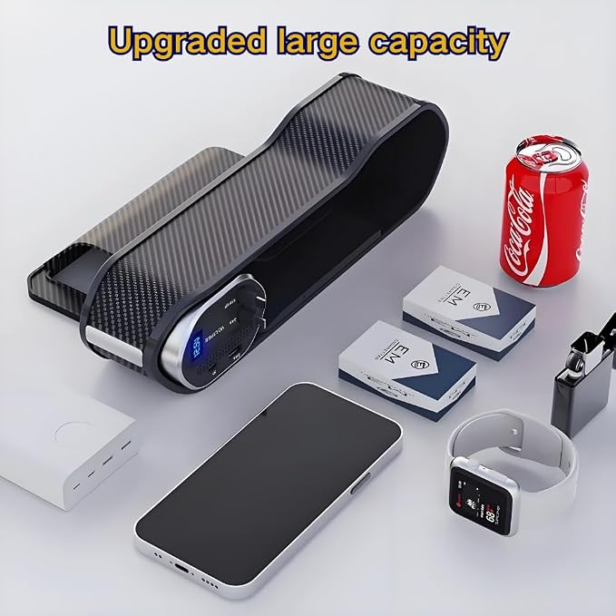 5 in 1 Car Seat Gap Filler Organizer with Wireless Charger | Cup Holder, Cigarette Lighter, Retractable Charging Cords, iOS Type-C USB Port, Fast Charge Storage Box