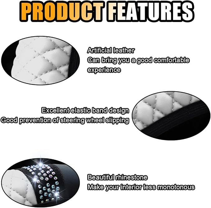 JOYCOURT 15 Inch Bling Soft Leather Car Steering Wheel Cover, White | Colorful Rhinestones Design, Auto Elastic Protector for Women Girls, Crystal Diamond Car Accessories for Most Cars, SUVs