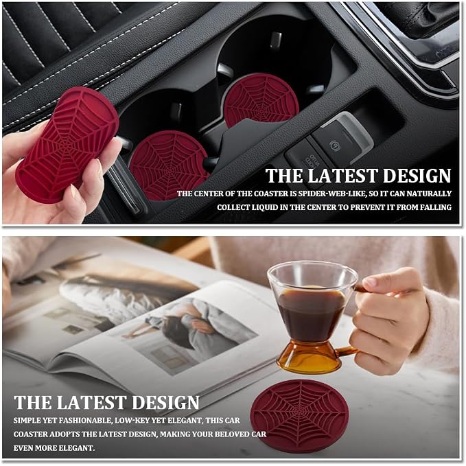 4PCS Car Cup Holder Coaster, Car Cup Insert, 2.75 inch Silicone Anti Slip Spider Web Auto Coaster, Automotive Interior Accessories Car Drink Coasters Cute Fit for Women and Men (Wine Red)